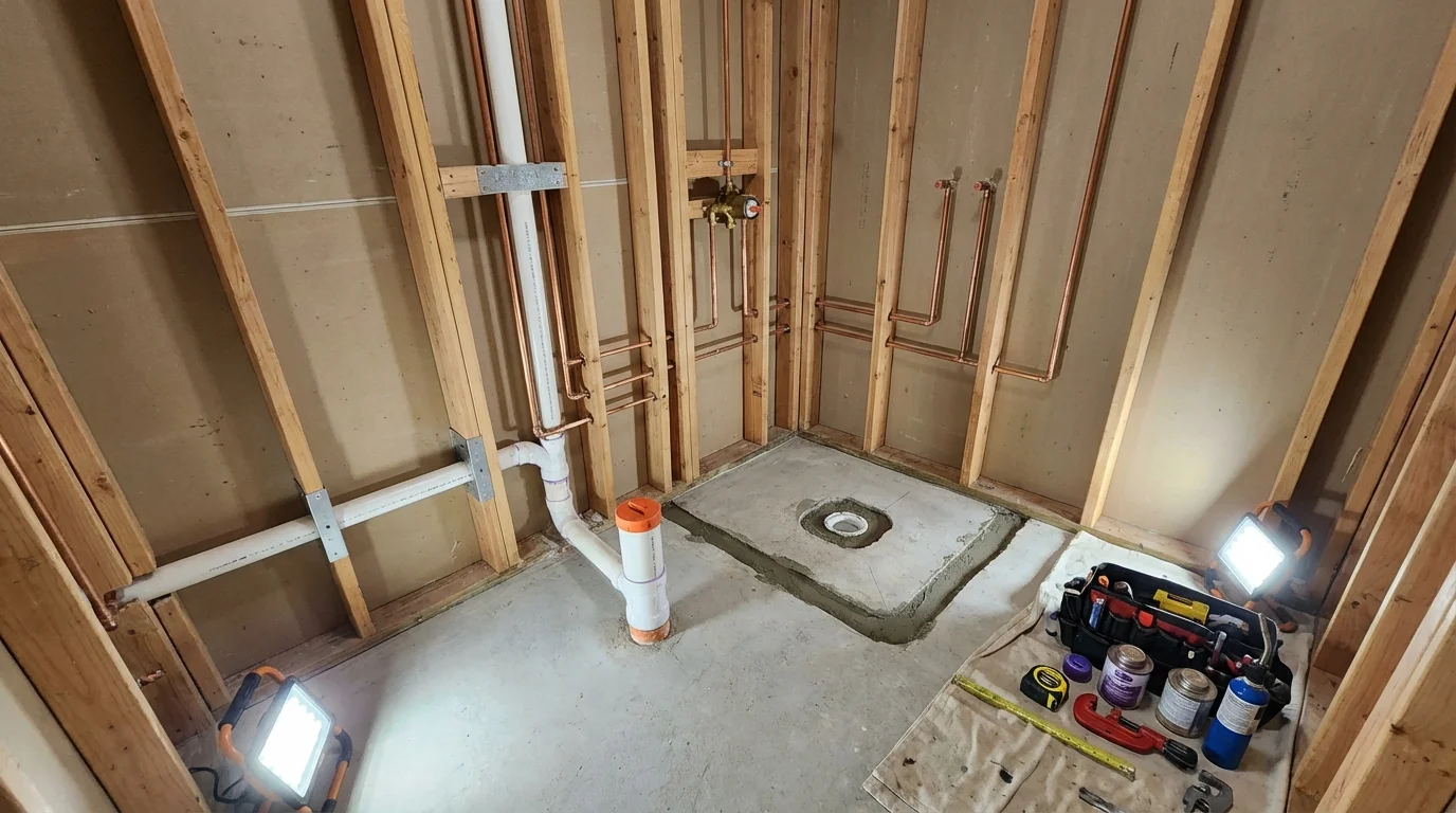 Bathroom rough-in plumbing during remodel by Johns Plumbing LLC in Grand Coulee