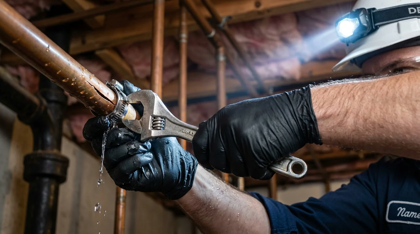 Emergency pipe clamp repair being performed by a Johns Plumbing LLC plumber in Grand Coulee
