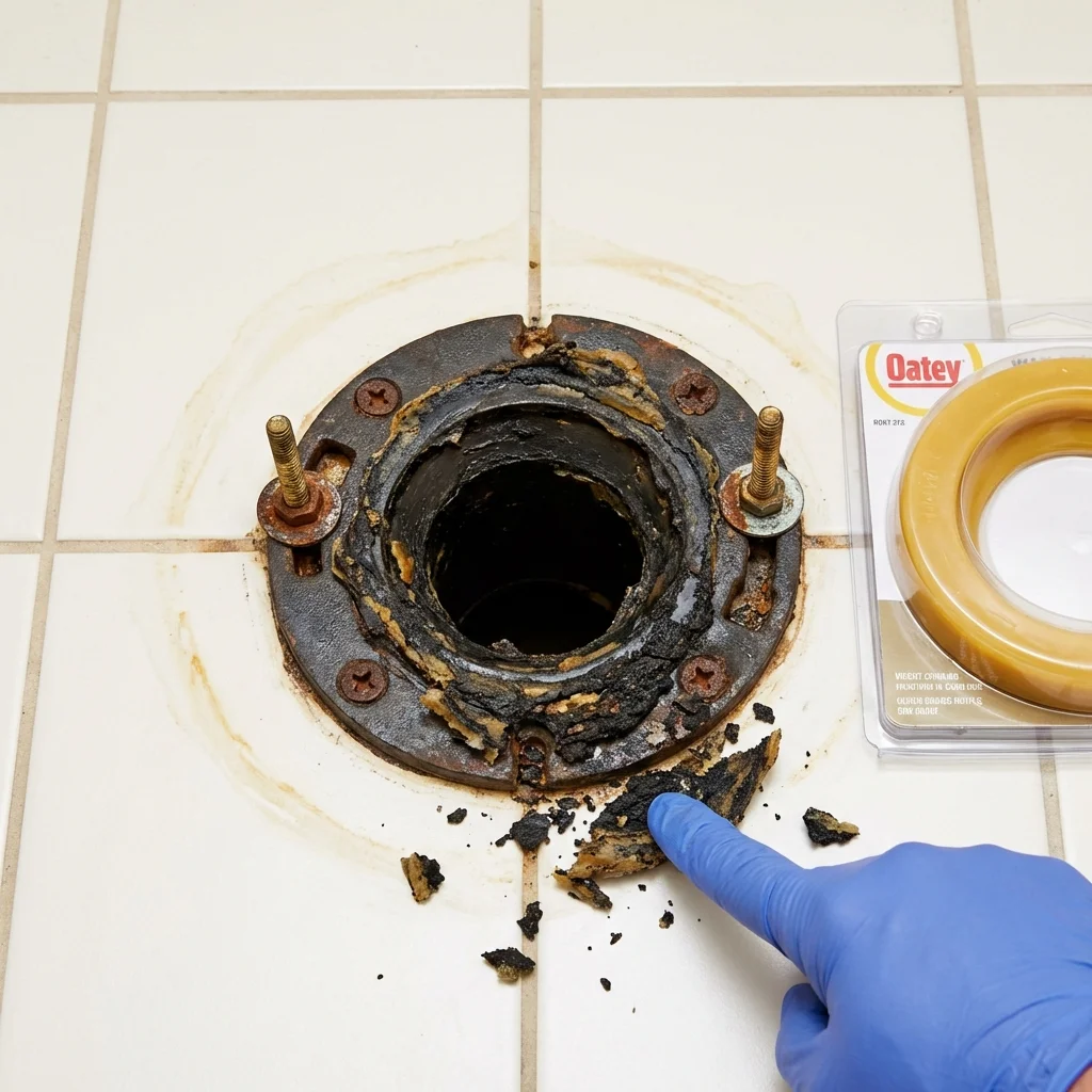 Failed wax ring showing water seepage at the base of a toilet in a Grand Coulee, WA home