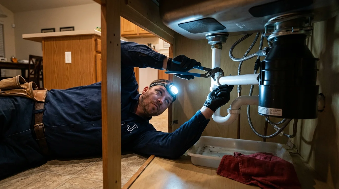 P-trap and supply line connections under a kitchen sink showing a common leak point in Grand Coulee, WA